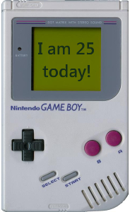 A picture of the Nintendo Game Boy. On screen text says: "I am 25 today!"