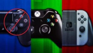 The controllers for the PS4, XBox One and Switch are all partially depicted. The PS4 controller is marked with a "no" sign.