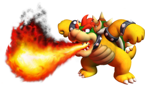 Bowser, the King of Koopas, breathes fire