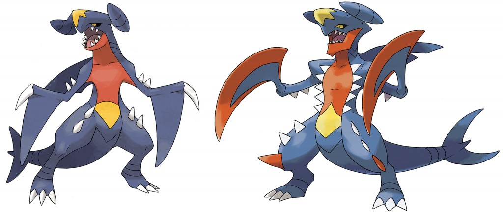 Garchomp (left) and Mega Garchomp (right)